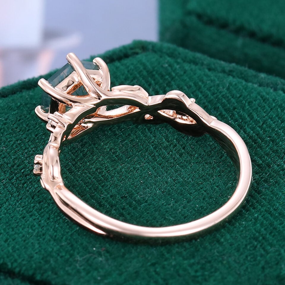 Navette Flow Hexagon Cut Moss Agate Leaf Ring