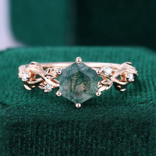 Navette Flow Hexagon Cut Moss Agate Leaf Ring