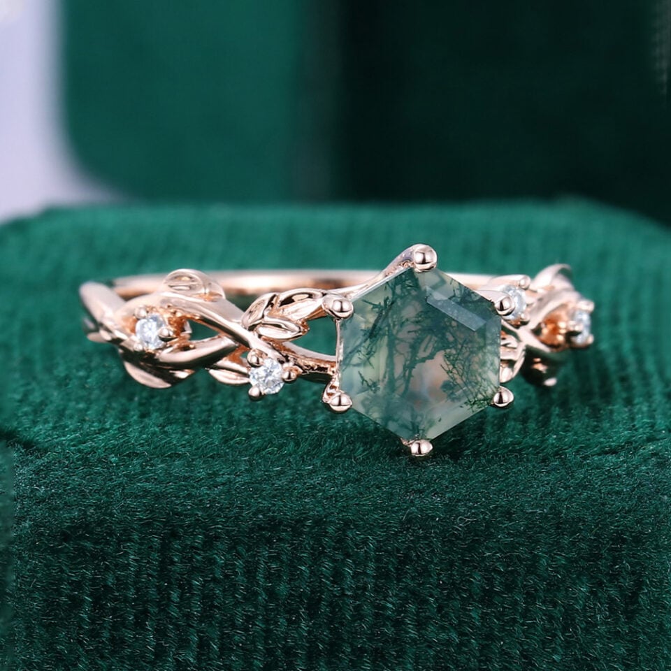 Navette Flow Hexagon Cut Moss Agate Leaf Ring