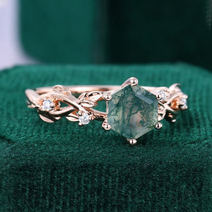 Navette Flow Hexagon Cut Moss Agate Leaf Ring