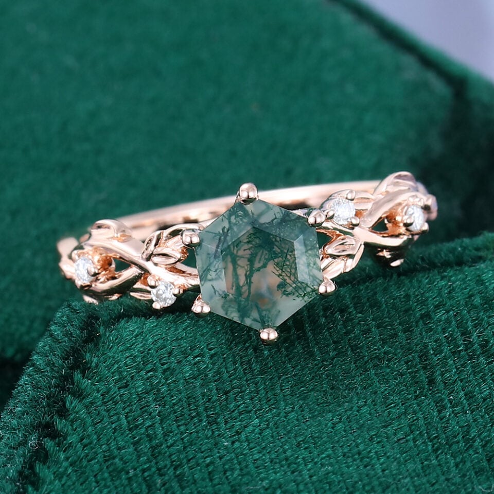 Navette Flow Hexagon Cut Moss Agate Leaf Ring