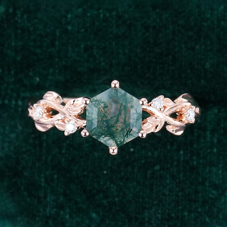 Navette Flow Hexagon Cut Moss Agate Leaf Ring